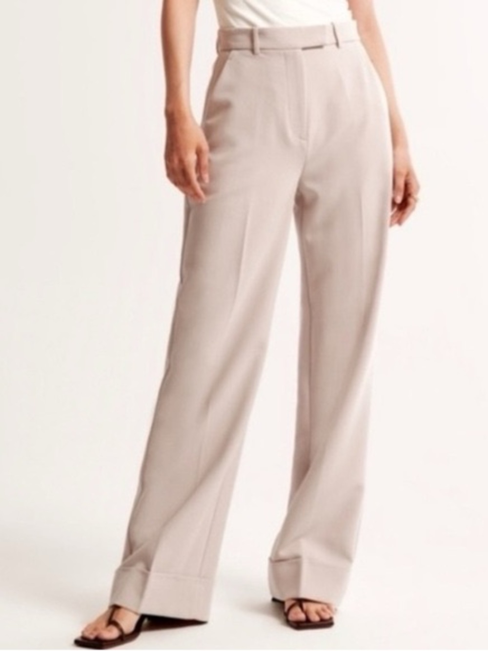Abercrombie & fitch cuffed sloane High-Waist Wide leg trousers pants light taupe